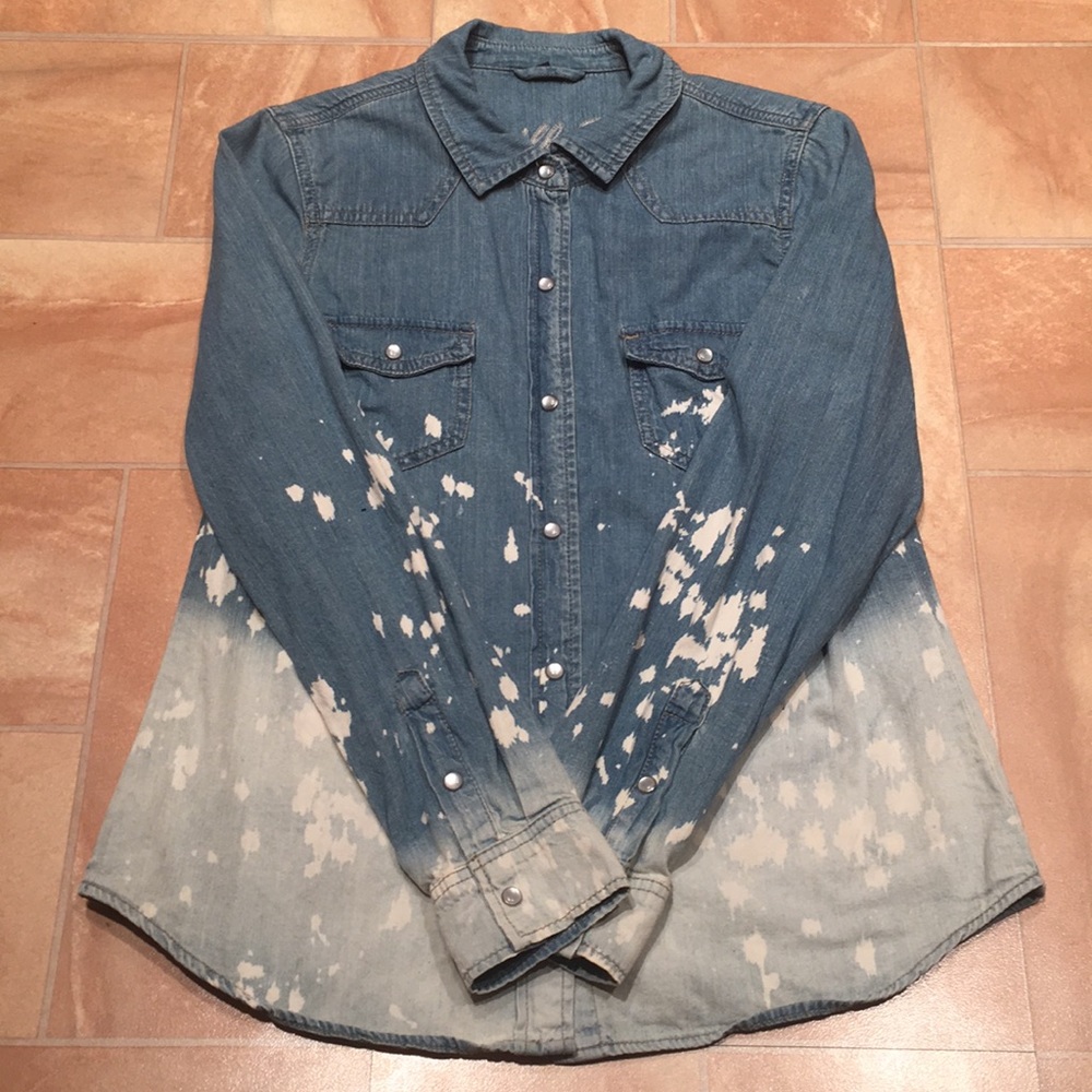 Vanilla Star Women's Blue Ombré Bleached Jean Long Sleeve Button Down Shirt